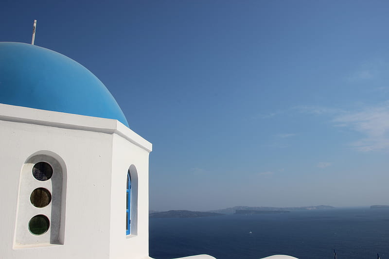 Santorini, blue sea, blue dome, church, ancient, HD wallpaper