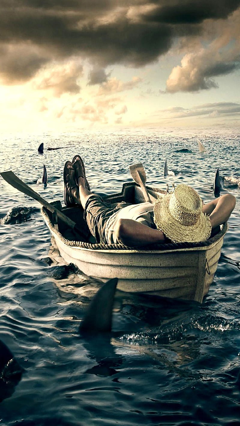 no fear, boat, clouds, fish, hat, man, nature, relax, see, shark, water, HD phone wallpaper