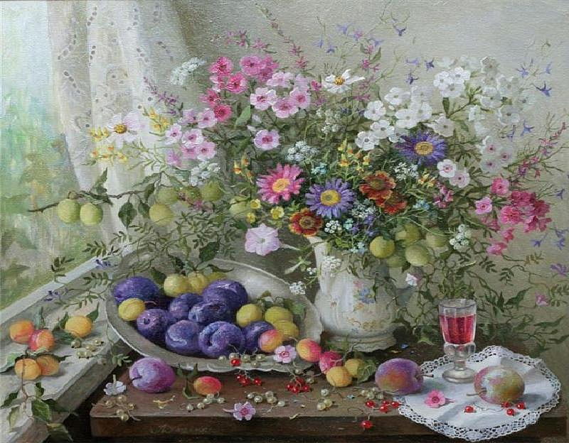 Beauty for all to Enjoy, table, doily, window, fruits, pitcher, curtain, glass, painting, flowers, silver platter, HD wallpaper