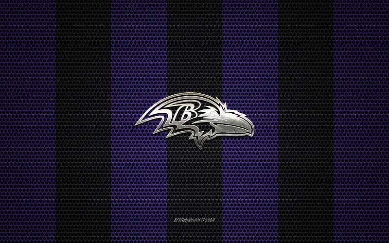 Baltimore Ravens logo, American football club, metal emblem, purple-black metal mesh background, Baltimore Ravens, NFL, Baltimore, Maryland, USA, american football, HD wallpaper