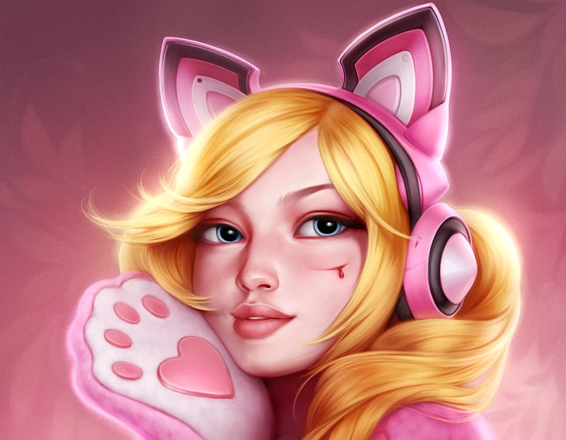 Lucky Chloe, pink, luminos, yellow, blonde, paw, headphones, ears, cat, alis zombie, fantasy, girl, face, pisici, HD wallpaper