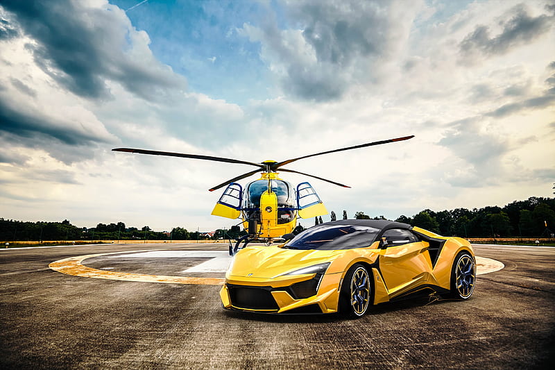 car, helicopter, yellow, sportscar, HD wallpaper