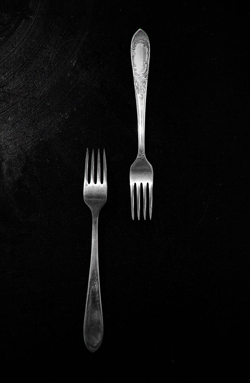 forks a black table, black table, cutlery, forks, HD phone wallpaper