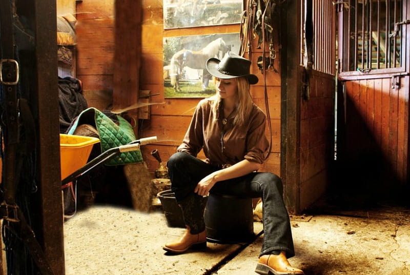Working Cowgirl, cowgirl, boots, pails, blonde, barn, blankets, hat, buckets, wheelbarrow, HD wallpaper