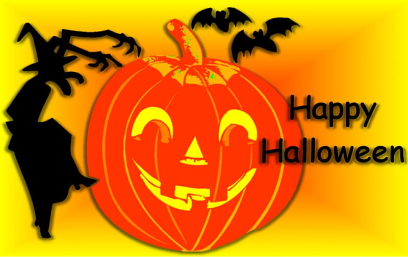 Happy Halloween F2, witch, art, bats, halloween, illustration, artwork, pumpkin, painting, wide screen, computer graphics, HD wallpaper