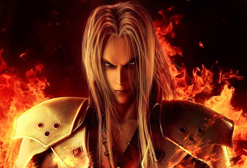 Sephiroth, guy, mean, evil, man, hell, armor, fire, darkness, final fantasy, long hair, HD wallpaper