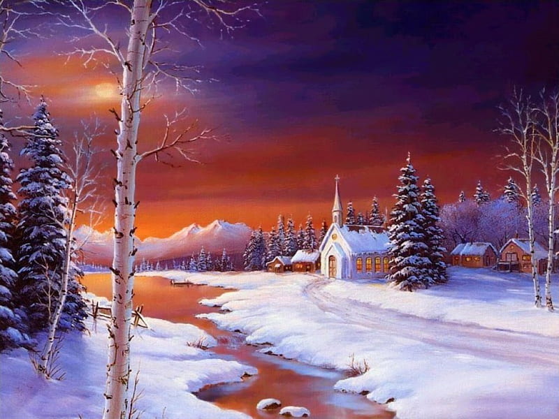 Winter church, art, amazing, cottage, bonito, church, sky, winter, snow, painting, village, HD wallpaper