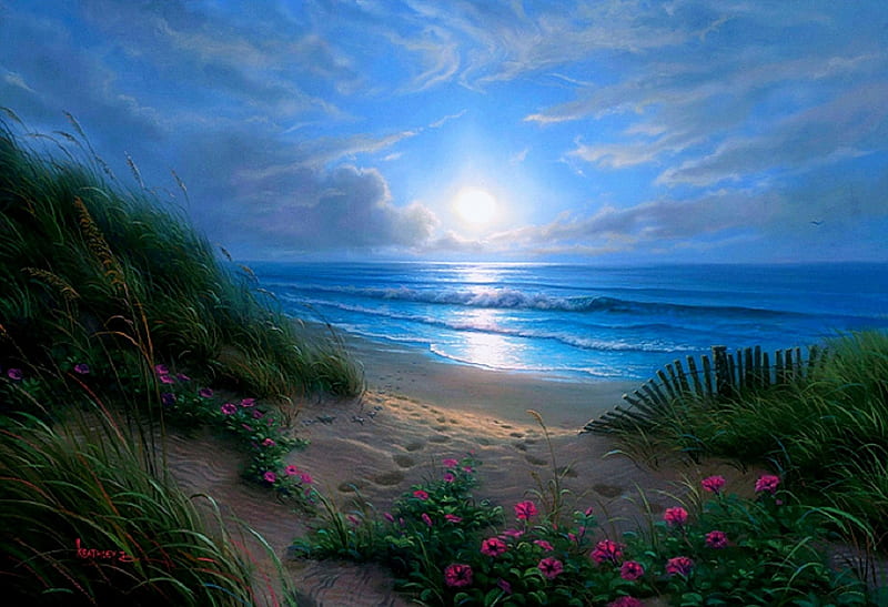 ✫Blue Sunset Glories✫, oceans, splendid, dazzling, impressive, breeze, perfect, attractions in dreams, bonito, glories, most ed, seasons, clouds, sand, paintings, sunsets, flowers, evening, scenery, blue, moons, colors, love four seasons, creative pre-made, sky, cool, paradise, beaches, footprints, best of the best, moonlight, summer, nature, HD wallpaper