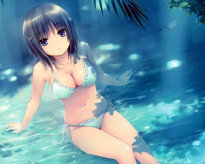 Bikini Anime Girl, swimsuit, girl, anime, summer, bikini, black hair, HD wallpaper