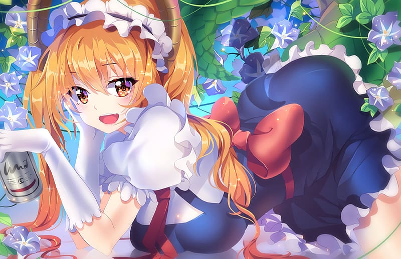 Anime, Beer, Flower, Smile, Fangs, Blonde, Tail, Glove, Horns, Headdress, Maid, Blush, Long Hair, Twintails, Bow (Clothing), Tohru (Miss Kobayashi's Dragon Maid), Miss Kobayashi's Dragon Maid, HD wallpaper