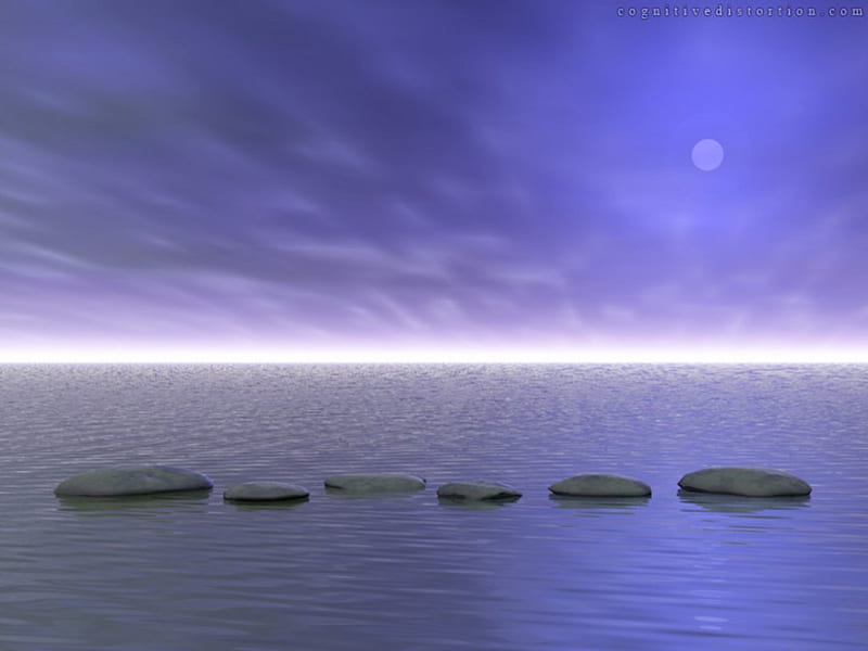 Dreaming Stones, fantasy, moon, stones, horrison, clouds, sky, lake, wayer, HD wallpaper