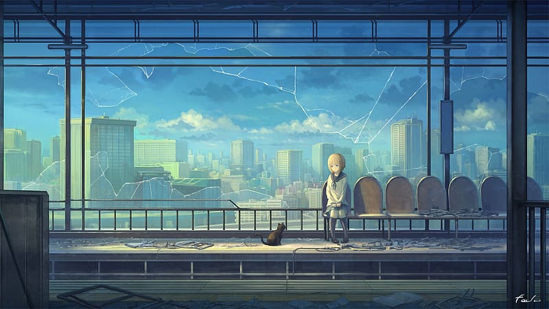 Anime, Sky, City, Building, Cat, Cloud, Train Station, Original, Broken Glass, HD wallpaper