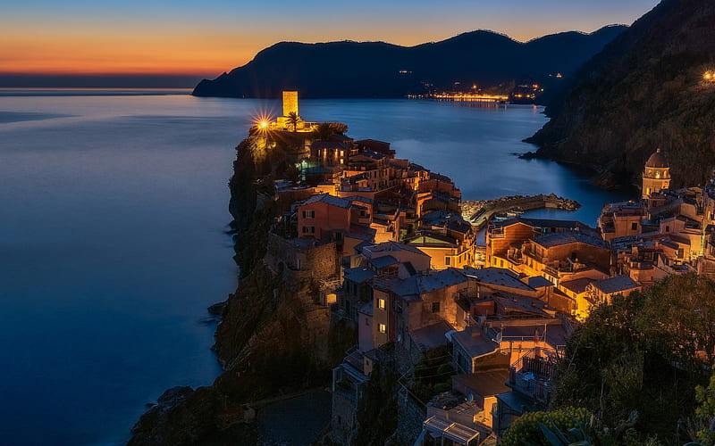 Vernazza, Mediterranean Sea, coast, evening, sunset, Cinque Terre, La Spezia, Italy, HD wallpaper