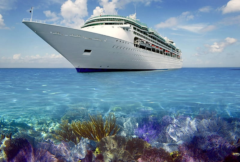 Fantasy Coral Reef Cruise, reef, cruise, exotic, holiday, ocean, liner, coral, sea, lagoon, boat, fantasy, ship, paradise, tropical, HD wallpaper