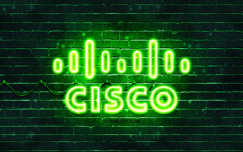 Cisco green logo, , green brickwall, Cisco logo, brands, Cisco neon logo, Cisco, HD wallpaper