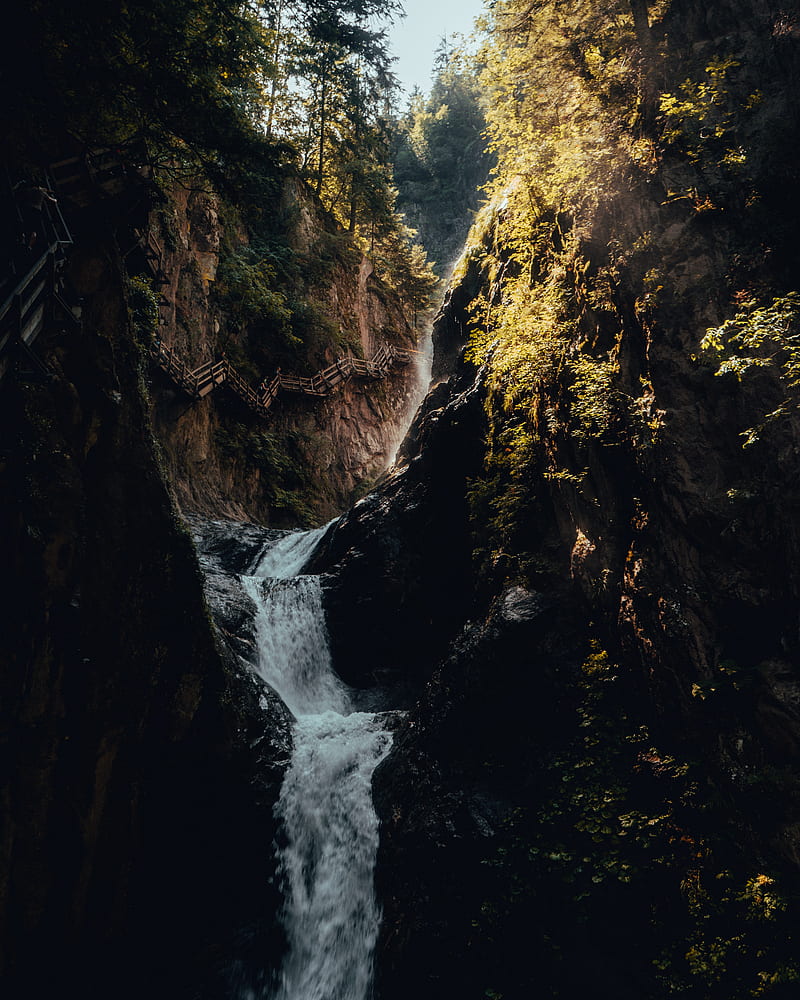 waterfall, rocks, bridge, trees, tourists, HD phone wallpaper