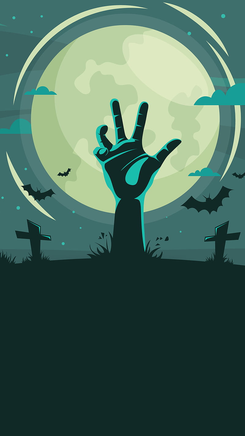 Zombie Hand, Kiss, bats, cemetery, halloween, moon, night, sky, tombstone, HD phone wallpaper
