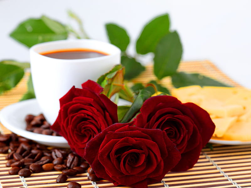 Aromatic morning coffee, red, aromatic, coffee, cup of coffee, flowers, bonito, morning, roses, HD wallpaper