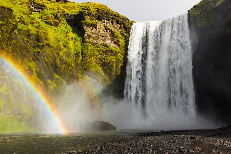 landscape graphy of waterfalls and rainbow, HD wallpaper