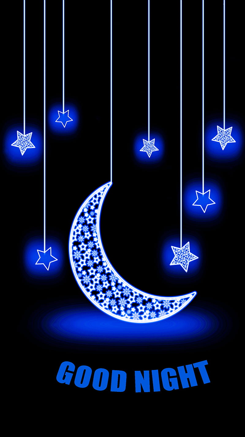 GOOD NIGHT, HI, black, blue moon, blue stars, light, moon, neon ...