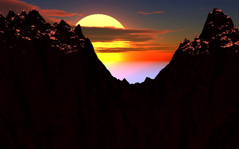 Sunset on Mountains, rocks, red, pretty, sun, orange, yellow, bonito, sunset, clouds, fog, graphy, stones, mounts, peak, beauty, scenery, night, view, sky, horizion, mountains, dark, nature, scene, HD wallpaper