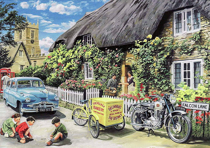Falcon Lane, tricycle, cottage, car, motorbike, marbles, church, fifties, phone box, HD wallpaper
