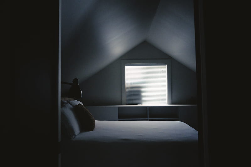 white bed frame beside attic window, HD wallpaper