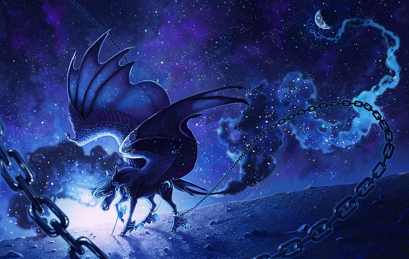 Solitary imprisonment, stars, happinesseater, wings, moon, luminos, unicorn, earthsong9405, sky, fantasy, moon, purple, chaines, white, blue, HD wallpaper