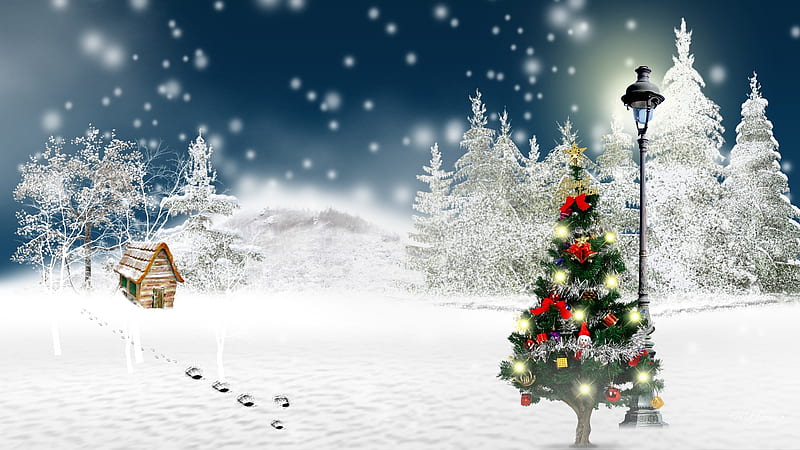 Christmas in Wonderland, feliz navidad, hut, house, christmas, firefox persona, cabin, trees, sky, lights, winter, mountain, snowing, snow, lamp post, HD wallpaper