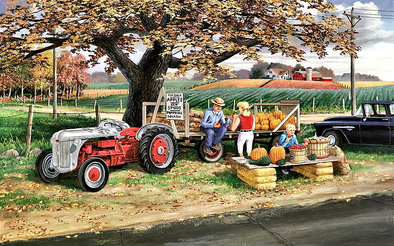 Harvest Time F, planting, art, harvest, tractor, bonito, artwork, farm, farmer, painting, wide screen, scenery, crops, landscape, HD wallpaper