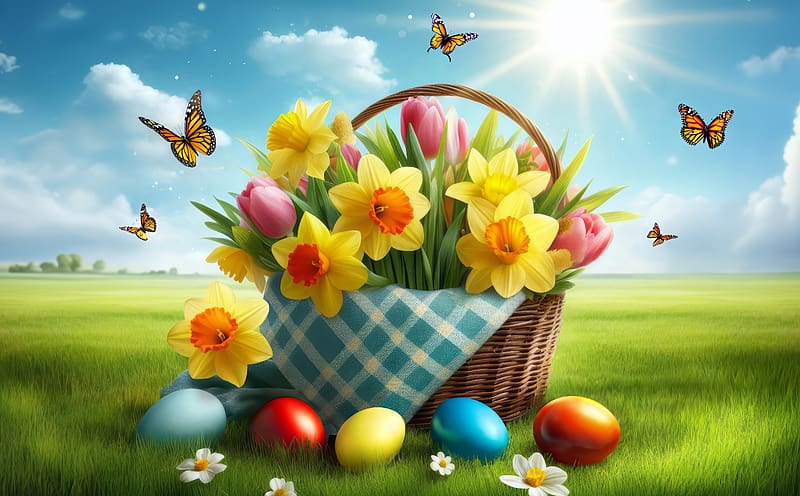 Happy Easter 2024 Ultra, Holidays, Easter, Tulips, Sunshine, spring, flowers, design, 2024, daffodils, eggs, holiday, basket, landscape, monarch, butterfly, harmony, springtime, pinktulips, yellowdaffodils, HD wallpaper