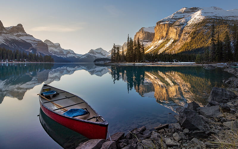 Jasper National Park, Alberta, mountain lake, boat, spring, evening, sunset, mountain landscape, Canada, HD wallpaper