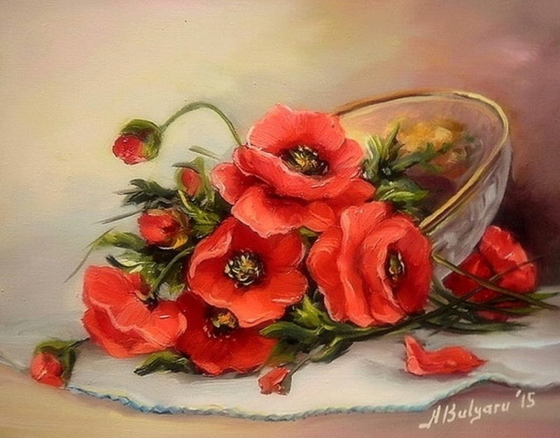 ✿⊱•╮Trinket with Poppies╭•⊰✿, baskets, lovely still life, paintings, draw and paint, poppies, flowers, love four seasons, HD wallpaper