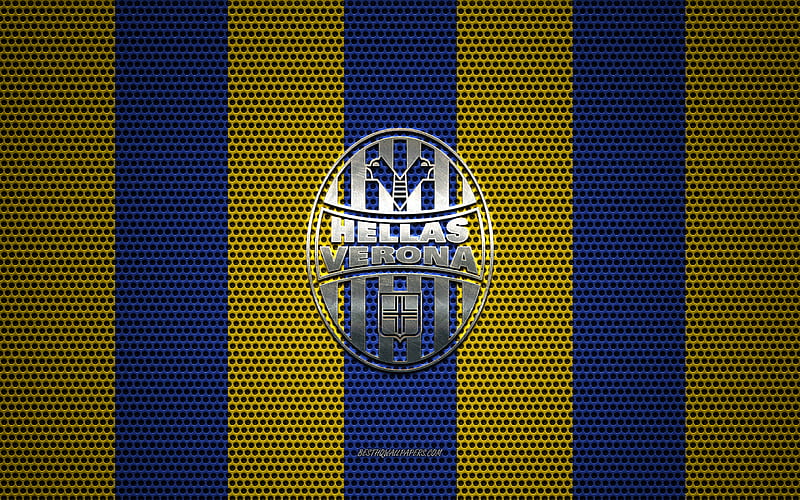 Hellas Verona FC logo, Italian football club, metal emblem, yellow-blue metal mesh background, Hellas Verona FC, Serie A, Verona, Italy, football, HD wallpaper