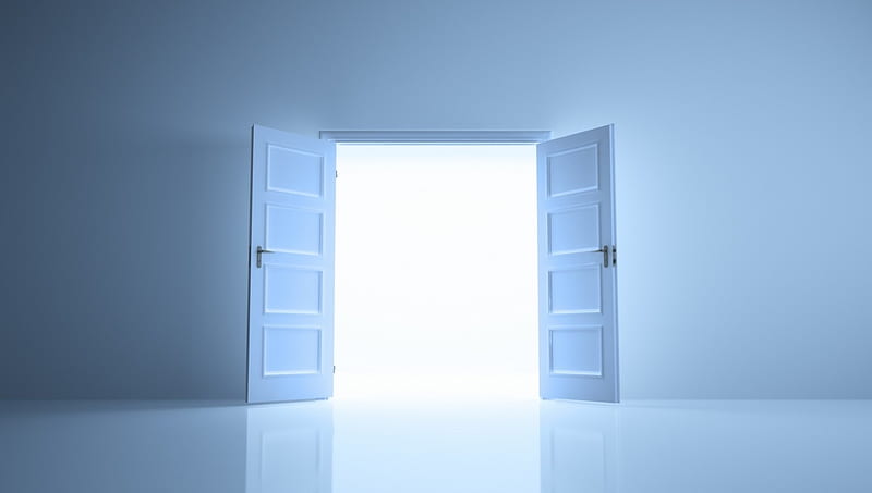 Open doors, fantasy, open, white, blue, door, HD wallpaper