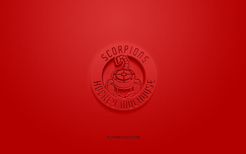 Scorpions de Mulhouse, creative 3D logo, red background, 3d emblem, French ice hockey team, Ligue Magnus, Mulhouse, France, 3d art, hockey, Scorpions de Mulhouse 3d logo, Scorpions Hockey Mulhouse, HD wallpaper
