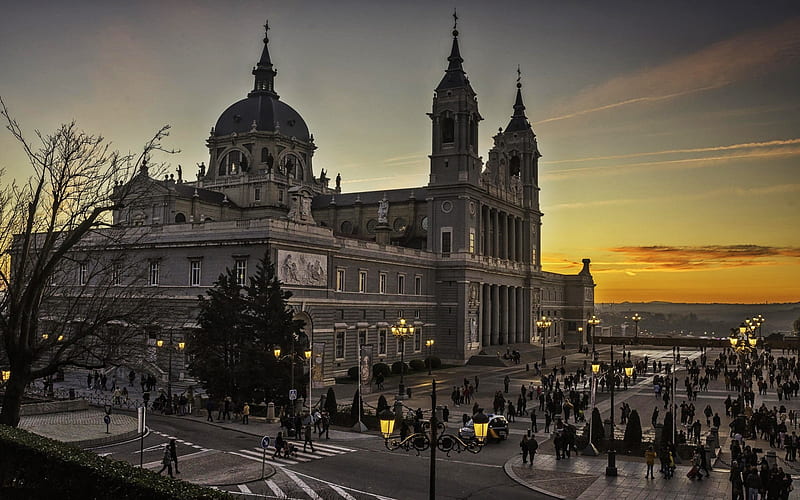 Catedral de la Almudena, Madrid, capital of Spain, evening, landmark, Spain, HD wallpaper