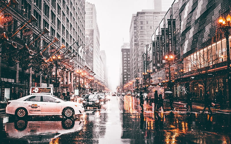 Chicago, street, winter, taxi, United States, Illinois, HD wallpaper