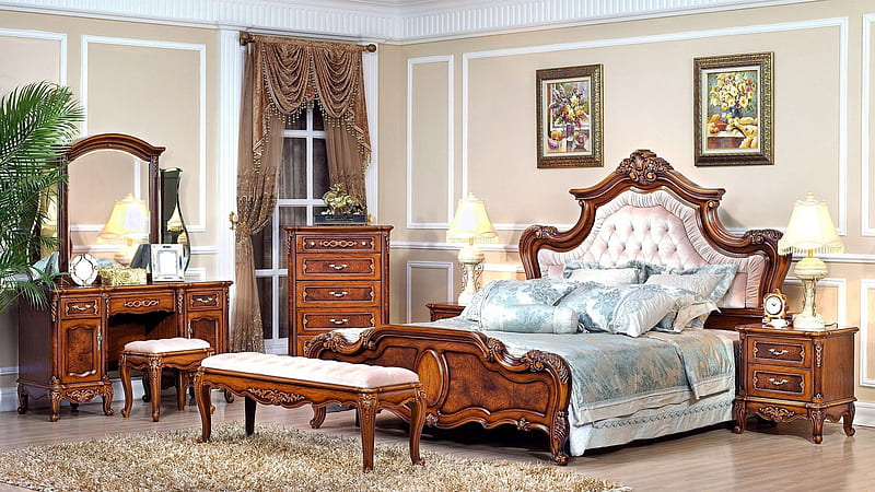 *** Romantic Bedroom ***, piekne, lozko, posciel, szafki, HD wallpaper