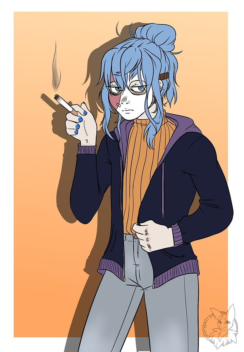 Sally face, sal, blue hair, anime boy, smoke, cigaret, mask, HD phone wallpaper