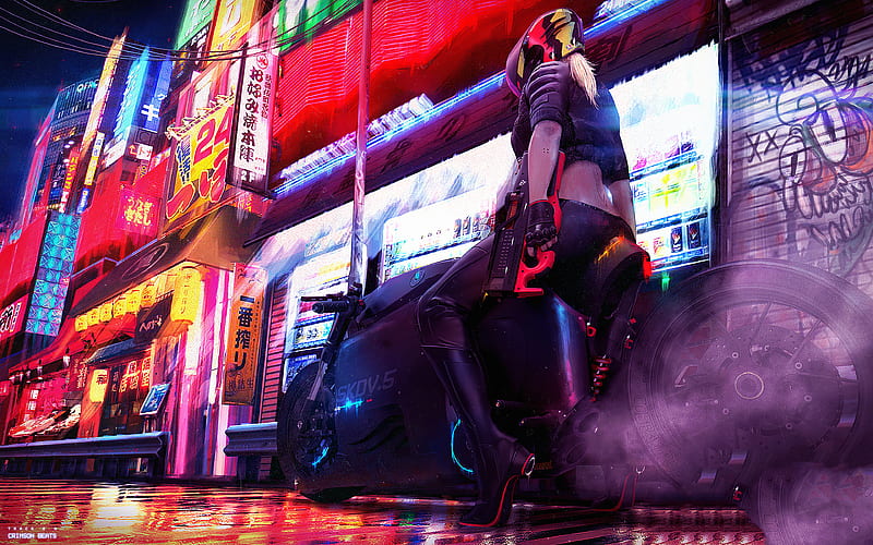 Cyberpunk Bike Girl Rear, cyberpunk, artist, artwork, artstation, HD wallpaper