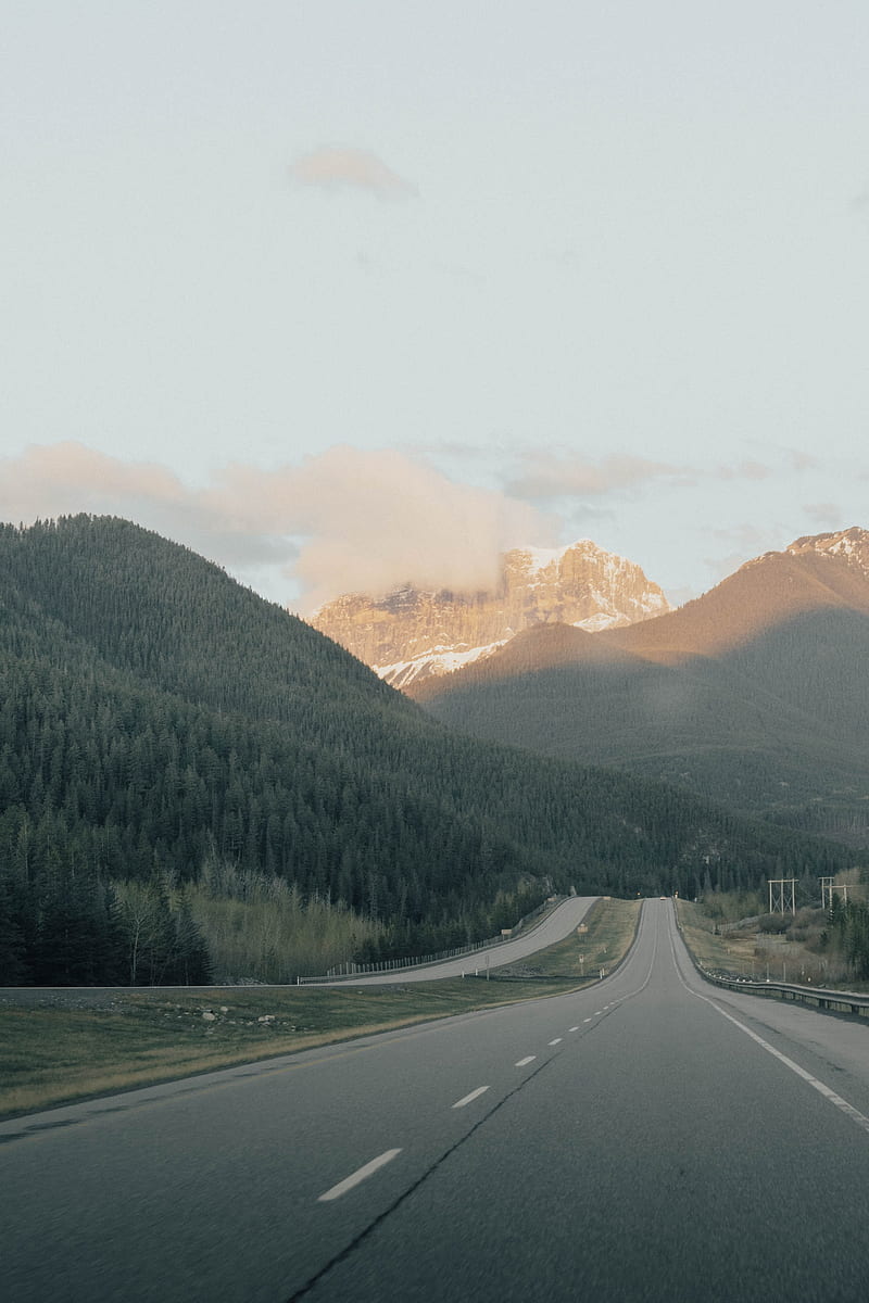 road, mountains, markup, trees, clouds, HD phone wallpaper
