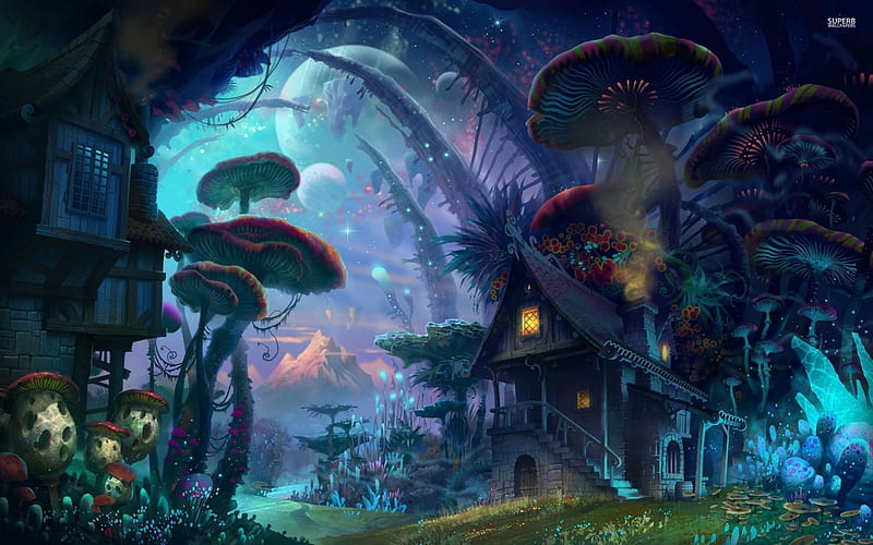 big mushrooms, mushroom, house, grass, plant, HD wallpaper
