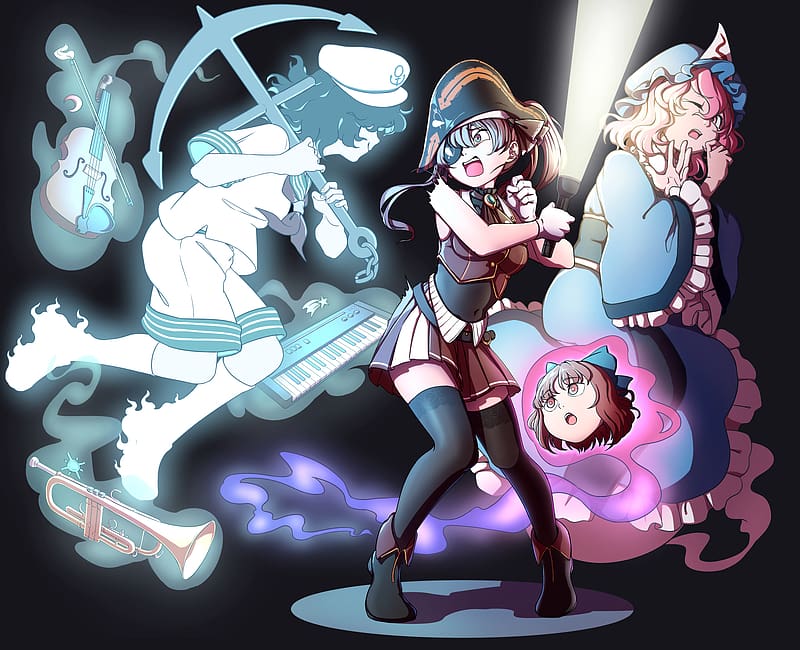 Anime, Crossover, Touhou, Minamitsu Murasa, Yuyuko Saigyouji, Hololive, Houshou Marine, HD wallpaper
