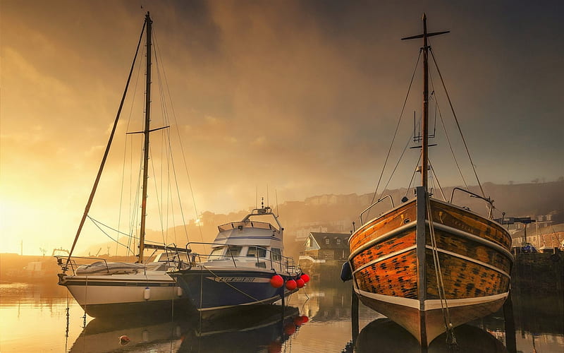 yacht, harbor, wooden boat, dawn, Cornwall, England, HD wallpaper