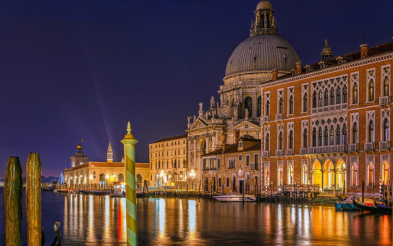 Venice, Santa Maria della Salute, basilica, night, boats, Italy, HD wallpaper