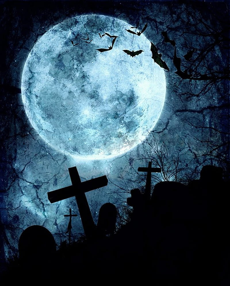 Cemetary scene, bats, full moon, halloween, night, scary, spooky, HD phone wallpaper