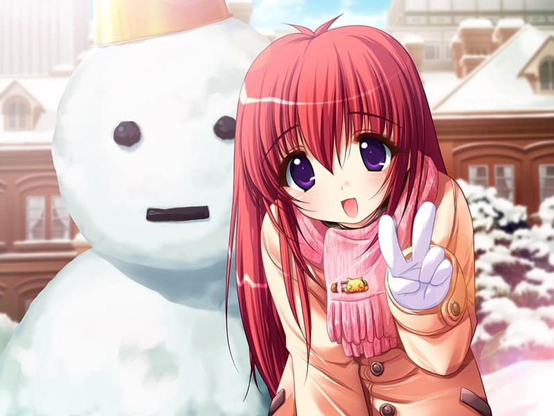 Maiden, cute, pretty, girl, snow, anime, Snowman, HD wallpaper