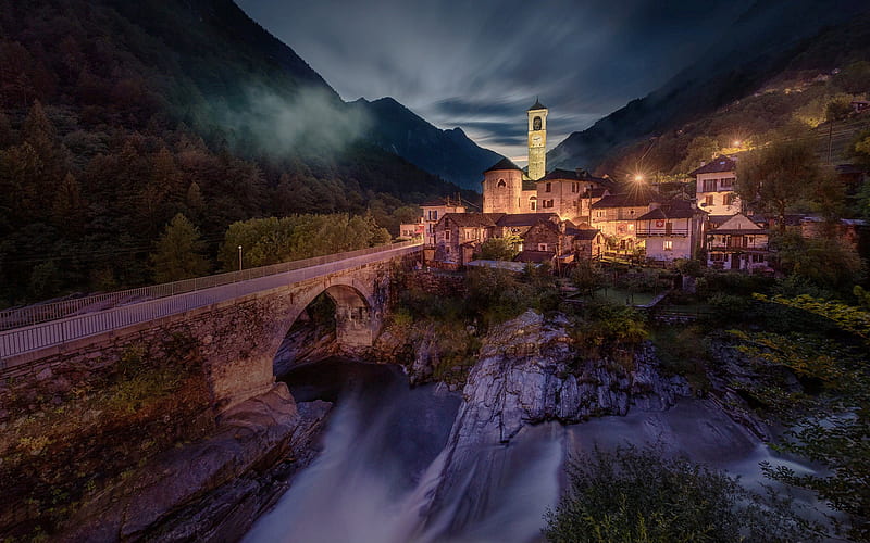 evening, mountain landscape, mountain river, old chapel, Alps, Lavertezzo, Valle Verzasca, Canton of Ticino, Switzerland, HD wallpaper