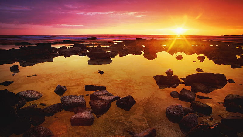 Purple Yellow Sky Above Body Of Water With Stones During Sunrise Nature, HD wallpaper